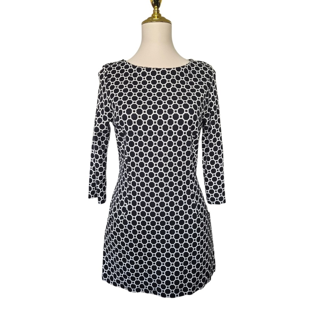 J.McLaughlin Geometric‎ Print Stretch Tunic Dress Black White Small 3/4 Sleeve